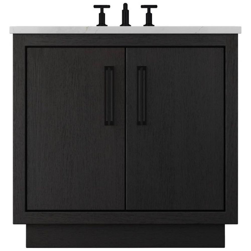 Black bathroom vanity with white countertop and black fixtures on a white background