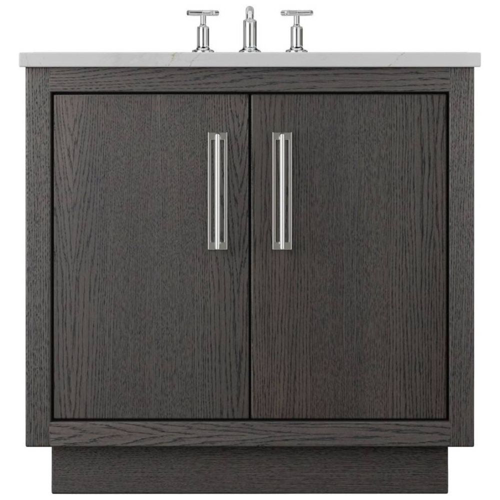 Bathroom vanity with dark wood finish and white countertop on a white background