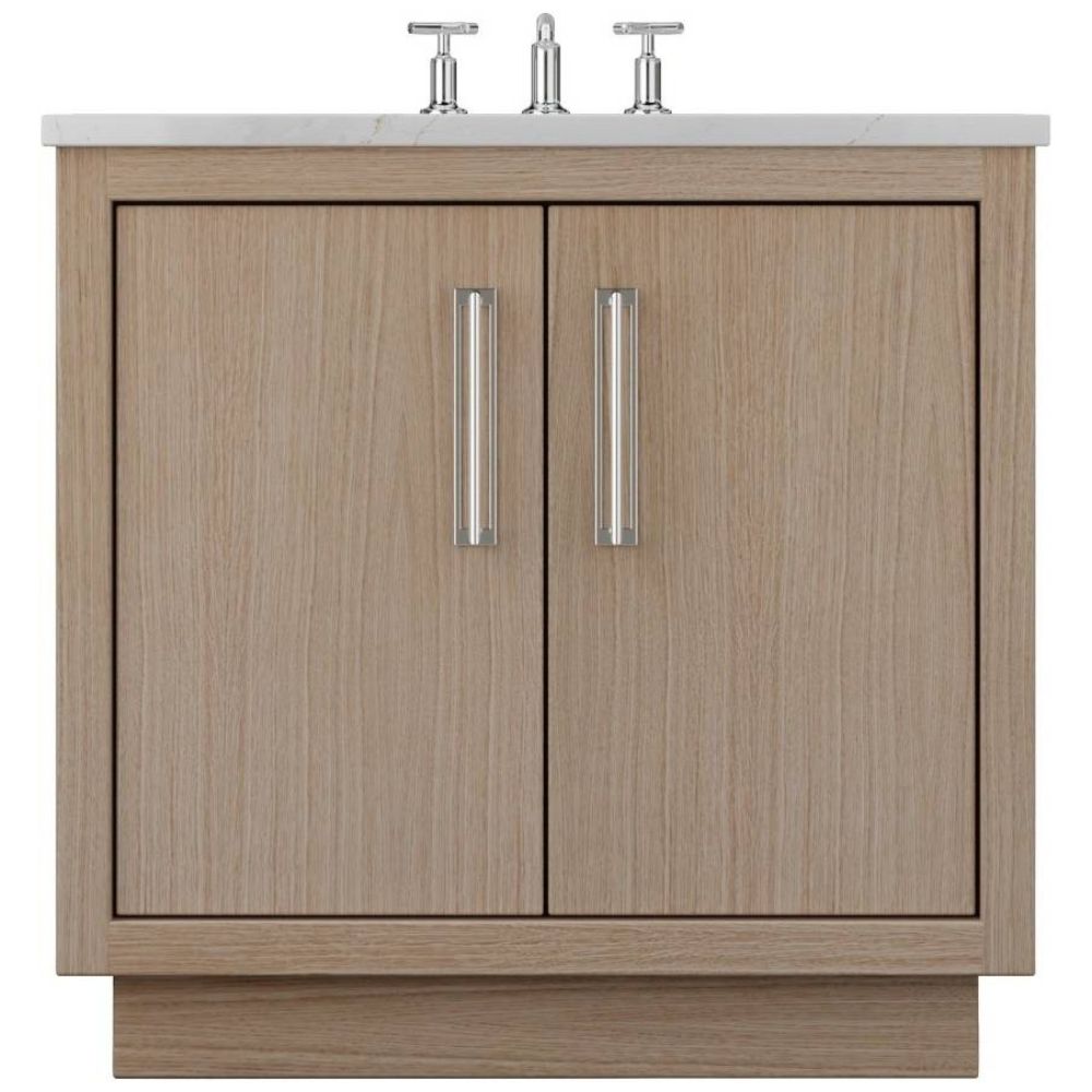 Wooden bathroom vanity with two doors and a white countertop.