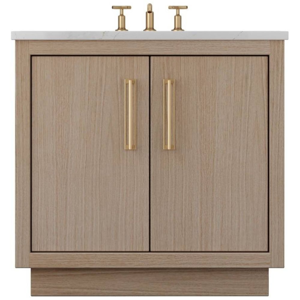 Bathroom vanity with wooden finish and gold fixtures on a white background