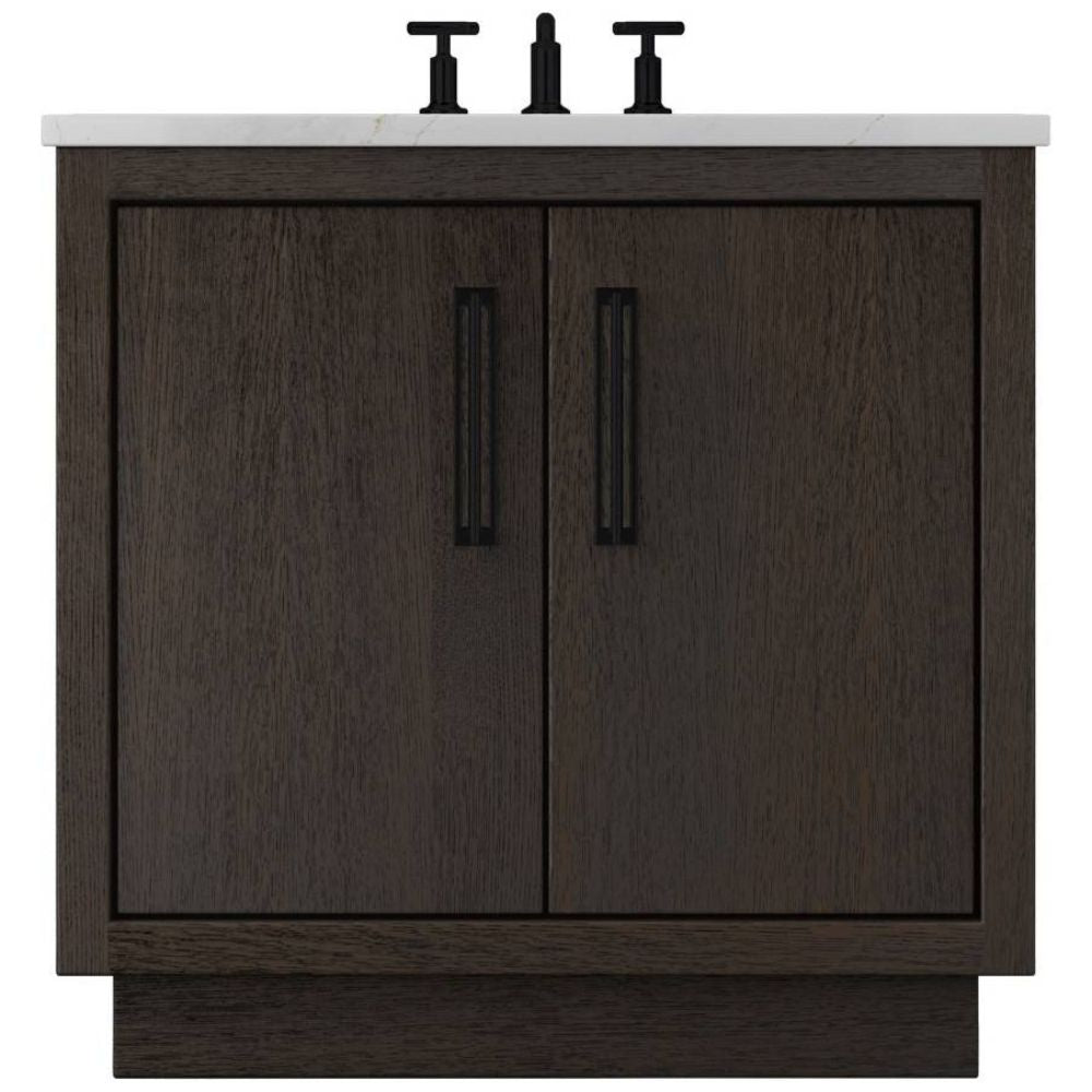 Bathroom vanity with dark wood finish and two doors, white countertop, and black fixtures.