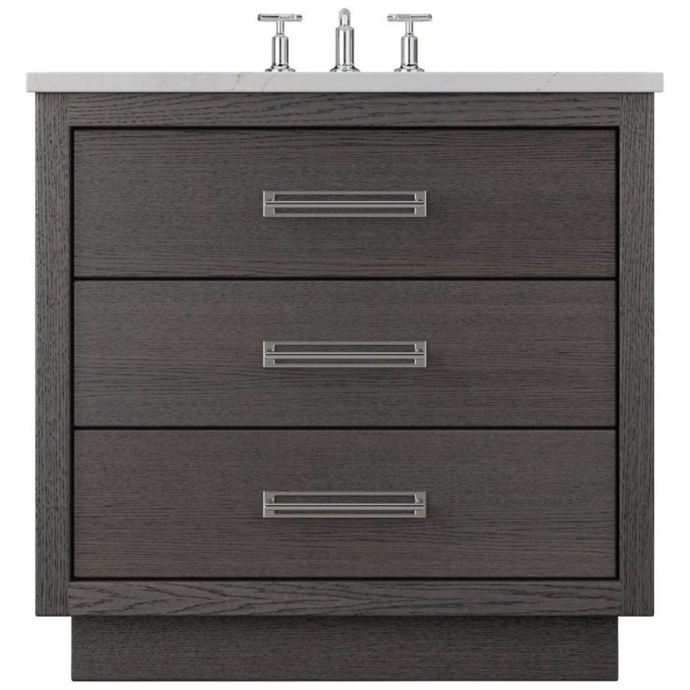 Gray wooden vanity with three drawers and a white countertop on a white background