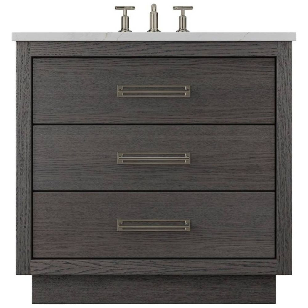 Gray wooden vanity with three drawers and a white countertop on a white background