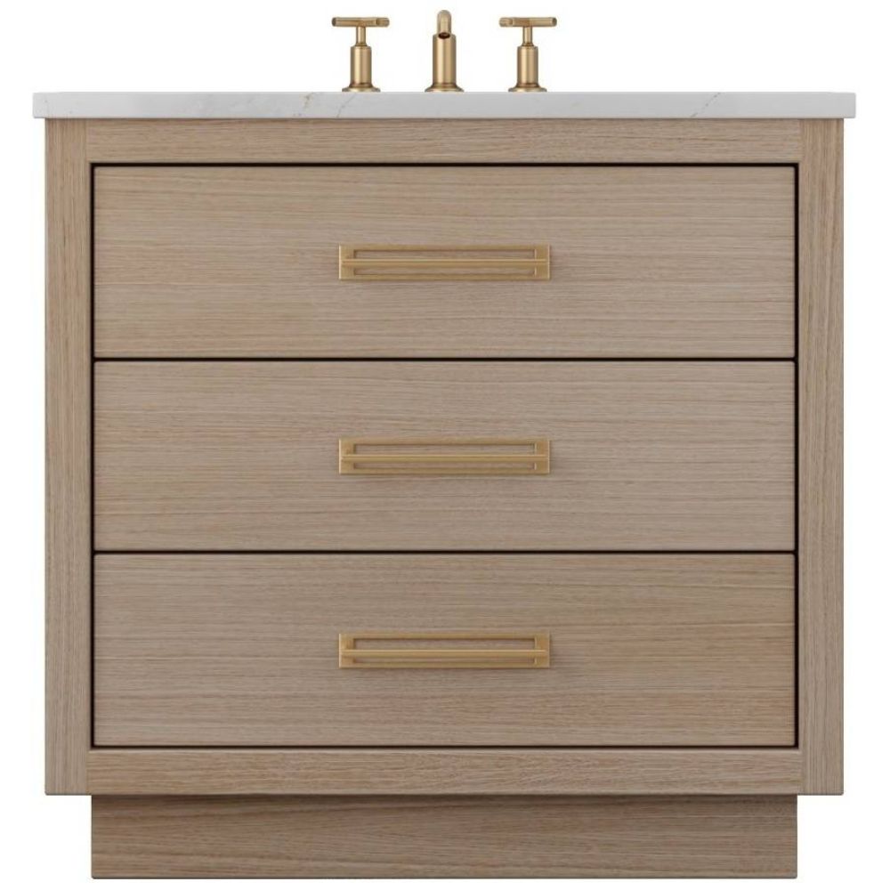 Bathroom vanity with three drawers, gold handles, and a white countertop.