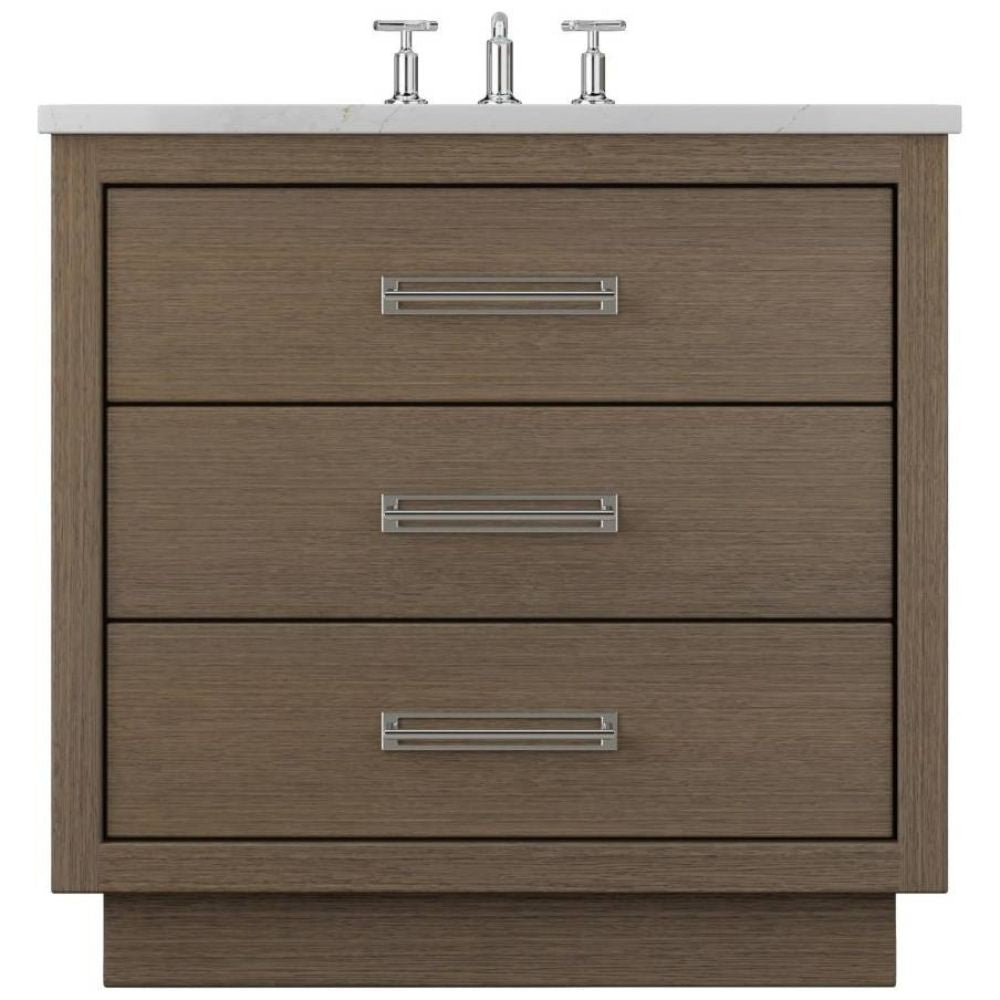 Wooden bathroom vanity with three drawers and a white countertop.