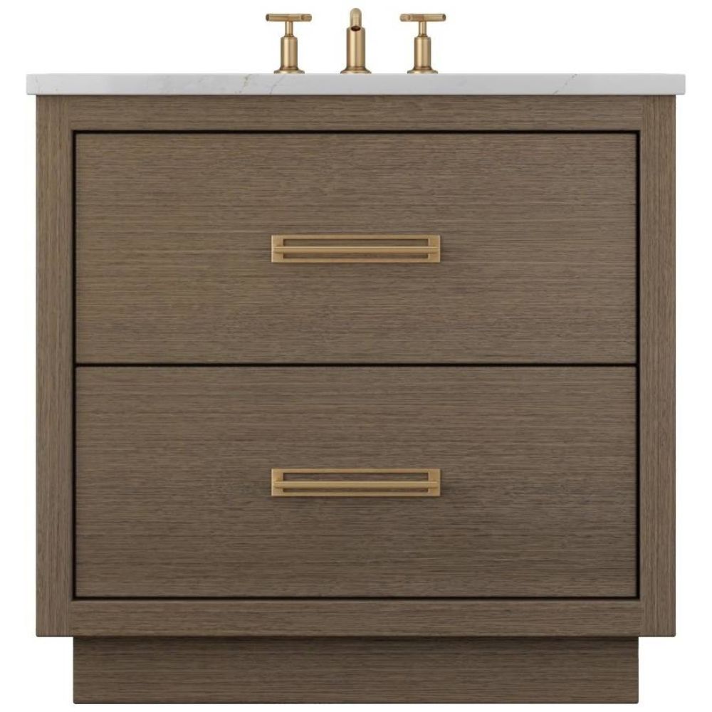 Bathroom vanity with two drawers, gold handles, and a white countertop.