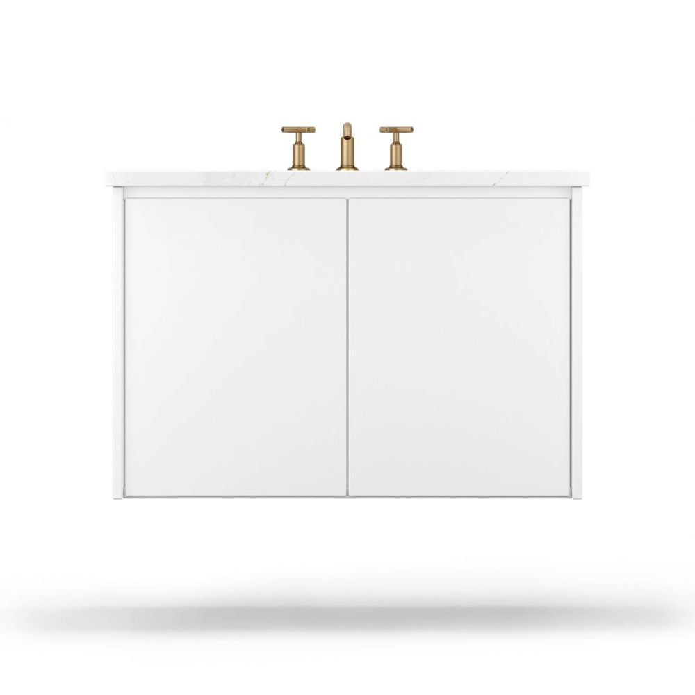White bathroom vanity with gold fixtures on a white background