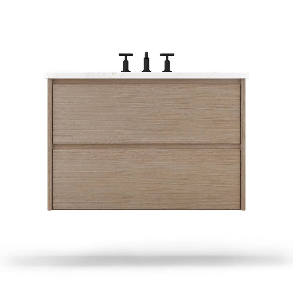 Wooden vanity with two drawers and three black fixtures on a white background
