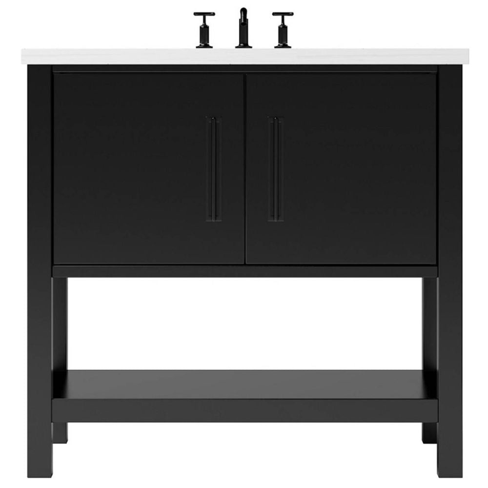 Black bathroom vanity with gold handles on a white background
