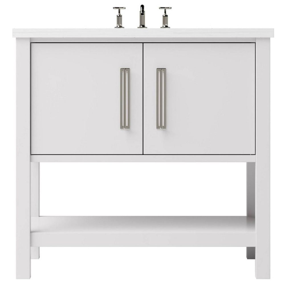 White bathroom vanity with two doors and a shelf on a white background