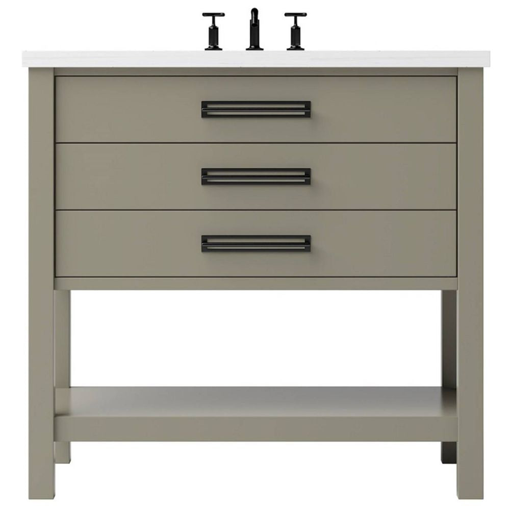 Bathroom vanity with three drawers and a white countertop on a white background