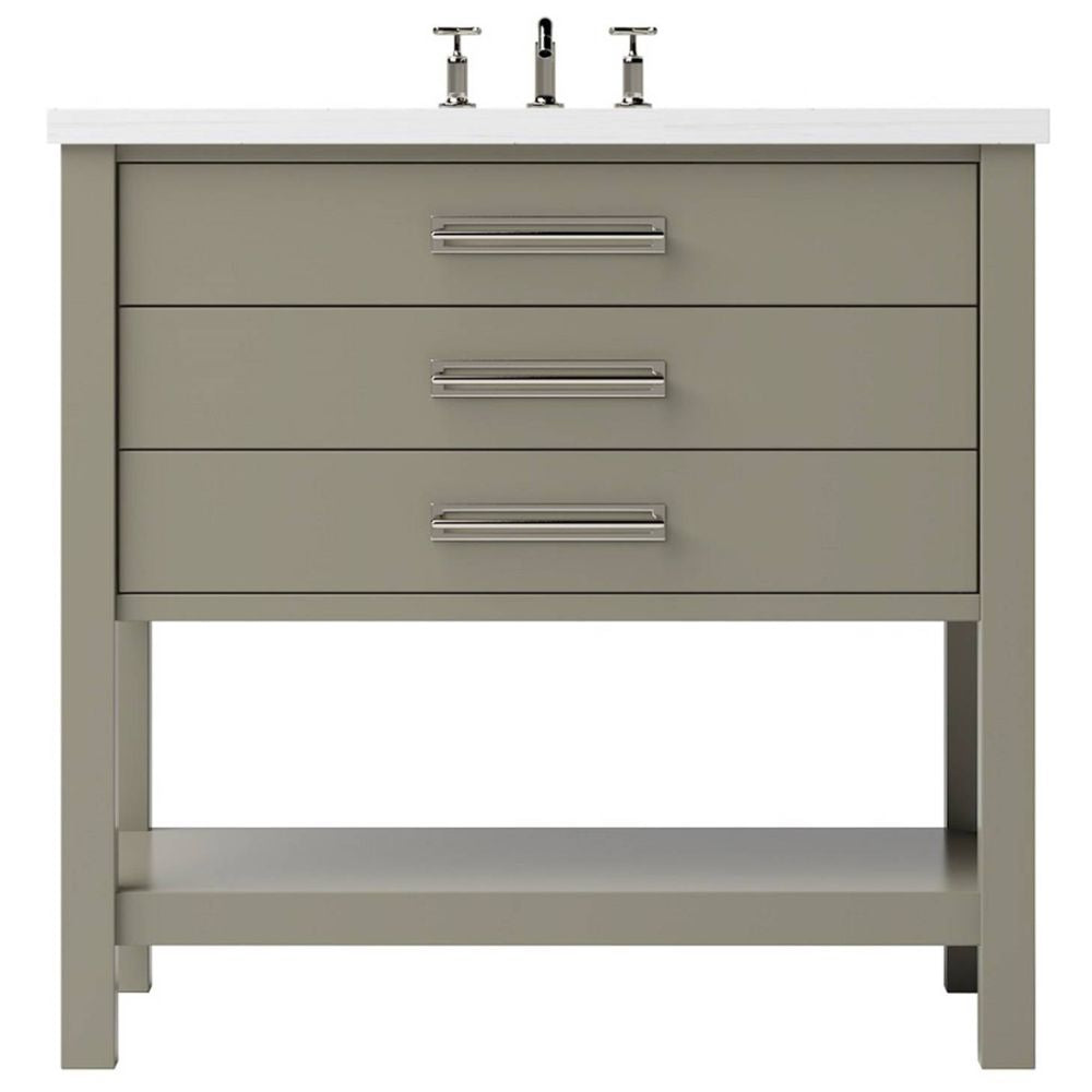 Gray bathroom vanity with white countertop and silver fixtures on a white background