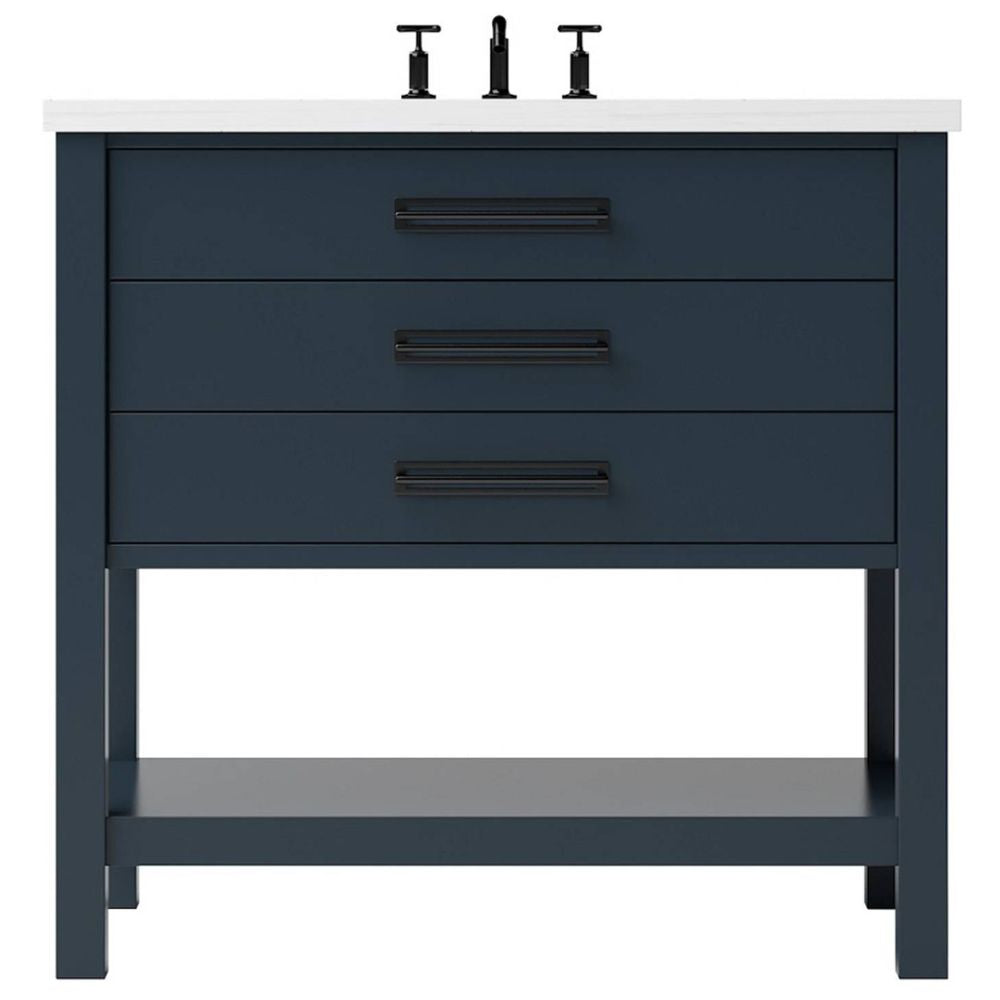 Blue bathroom vanity with white countertop and black fixtures on a white background