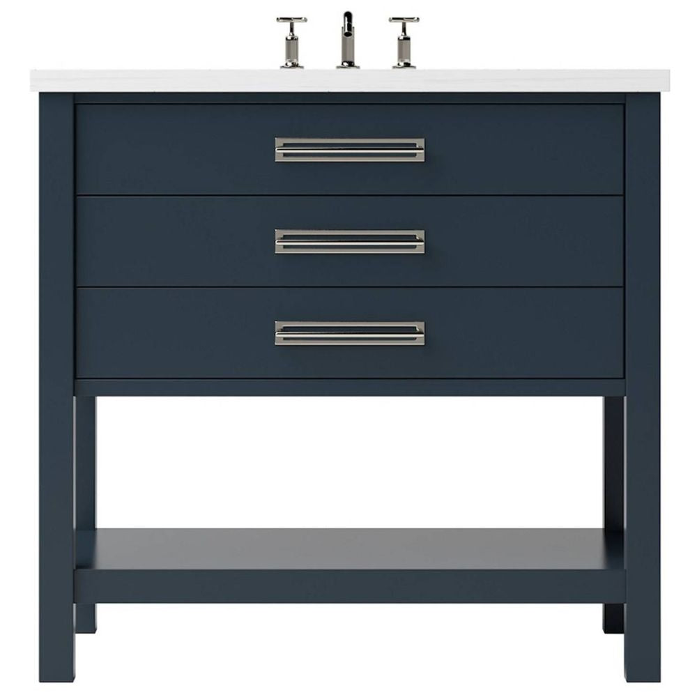 Blue bathroom vanity with white countertop and silver fixtures on a white background