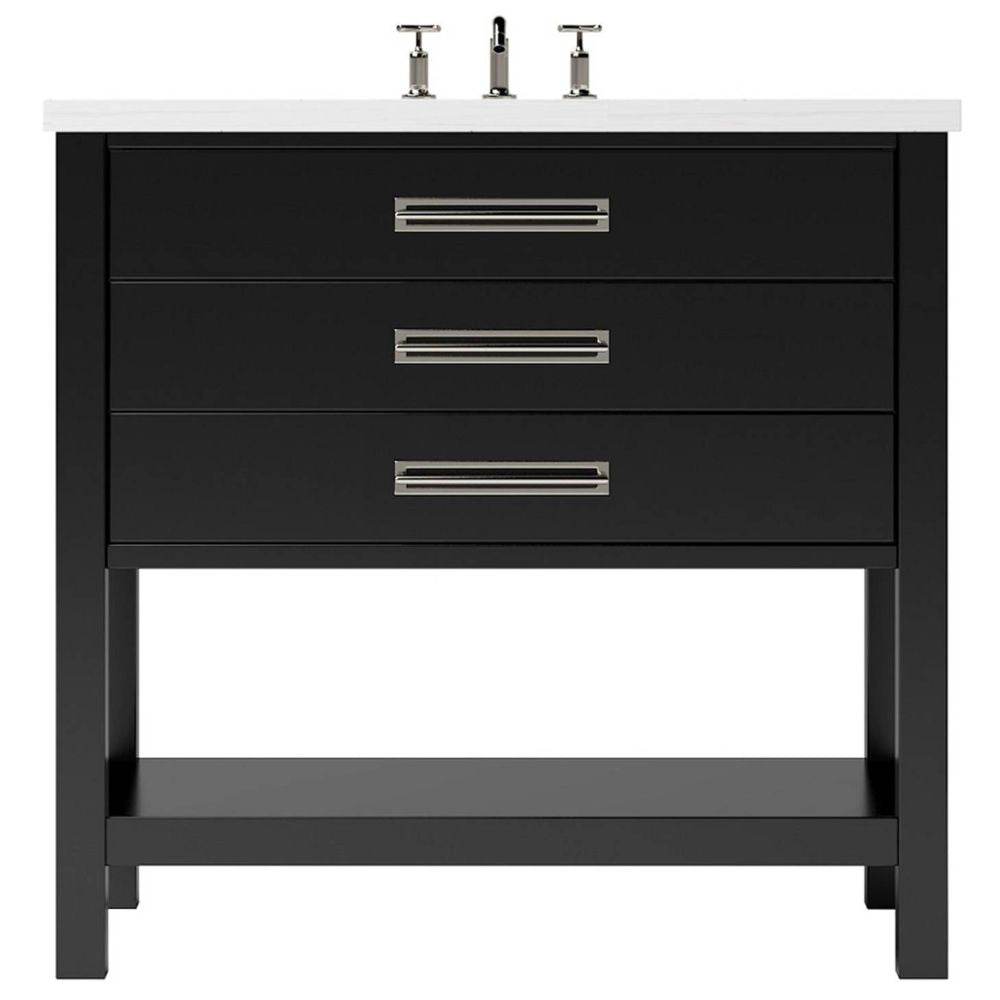 Black bathroom vanity with white countertop and silver fixtures on a white background