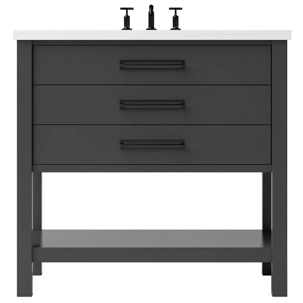 Black bathroom vanity with white countertop and black fixtures on a white background