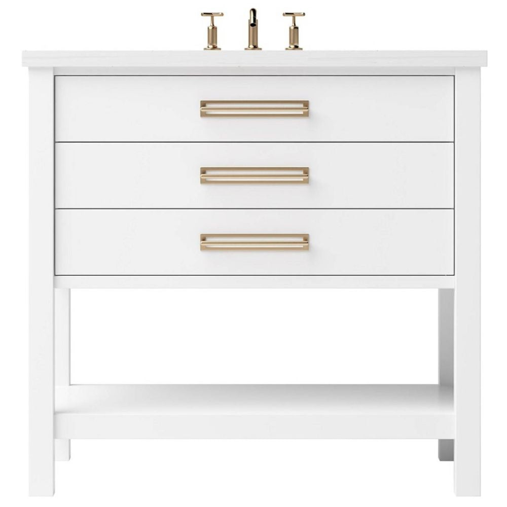 White bathroom vanity with gold handles on a white background