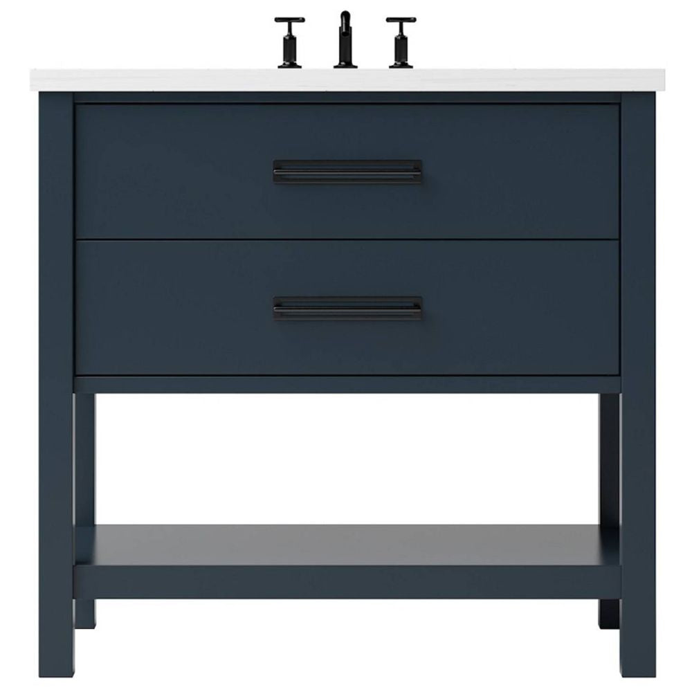 Blue vanity with white countertop and black fixtures on a white background