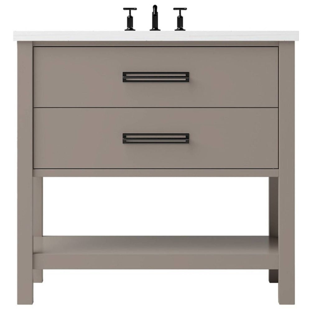 Bathroom vanity with two drawers and a white countertop on a white background