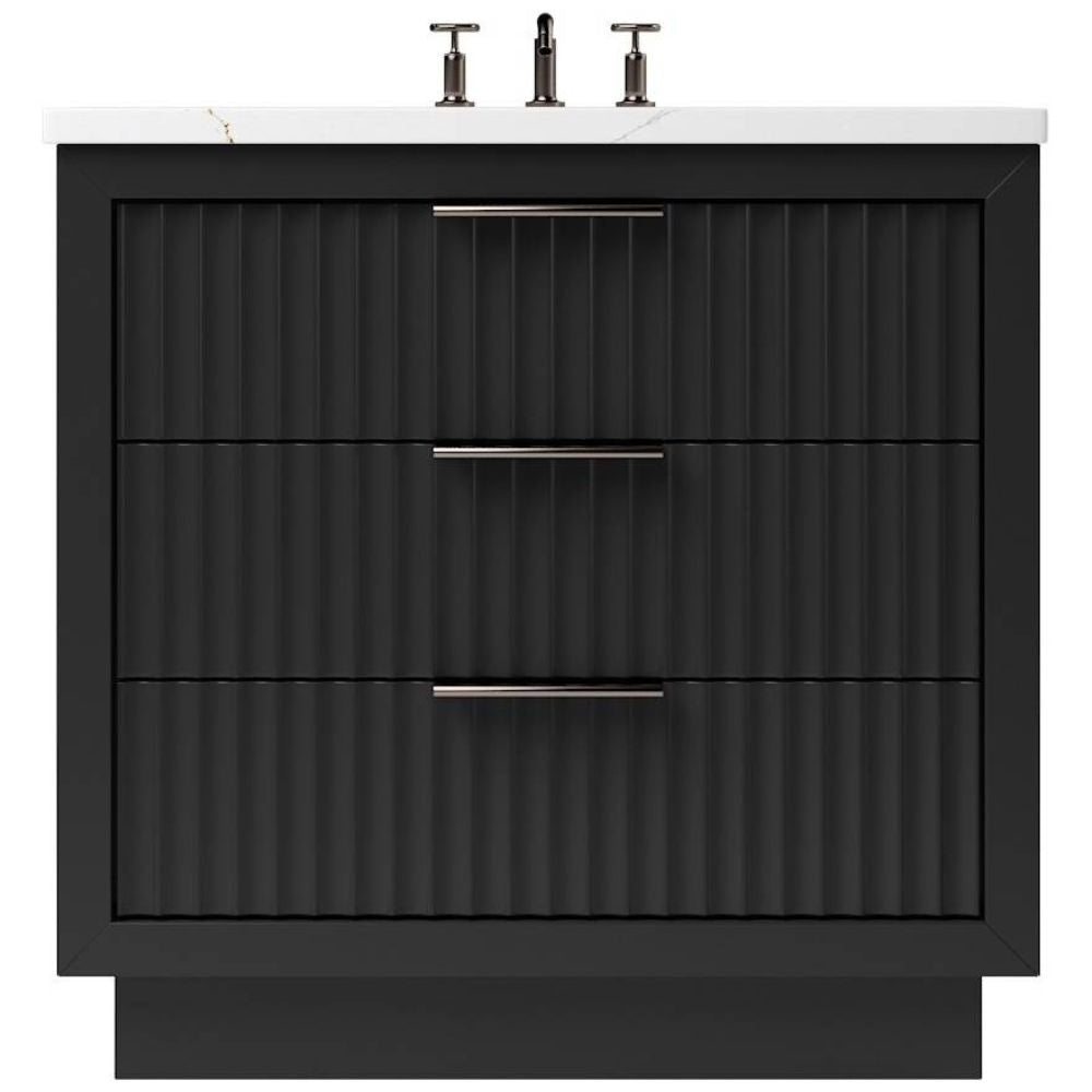 Black ribbed vanity unit with white countertop and silver fixtures on a white background