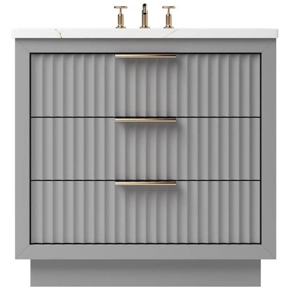 Gray bathroom vanity with ribbed texture, white countertop, and gold fixtures on a white background