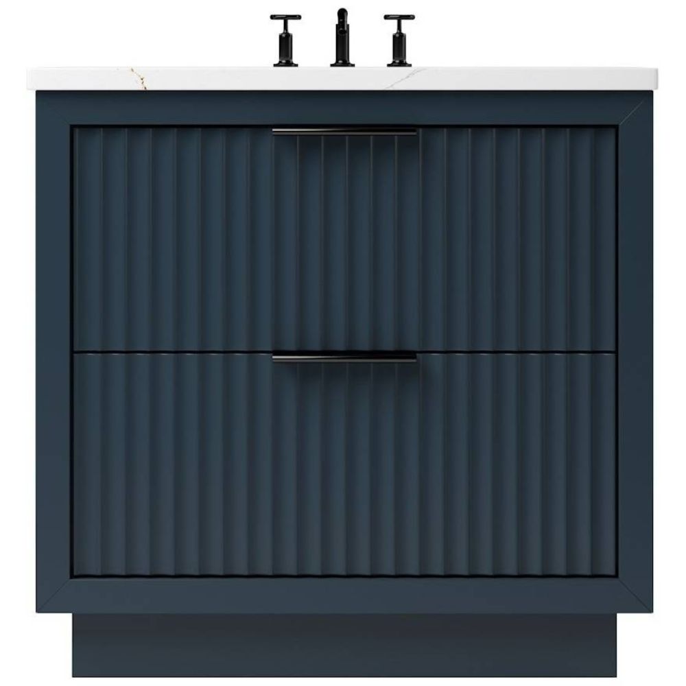 Blue bathroom vanity with white countertop and black fixtures on a white background