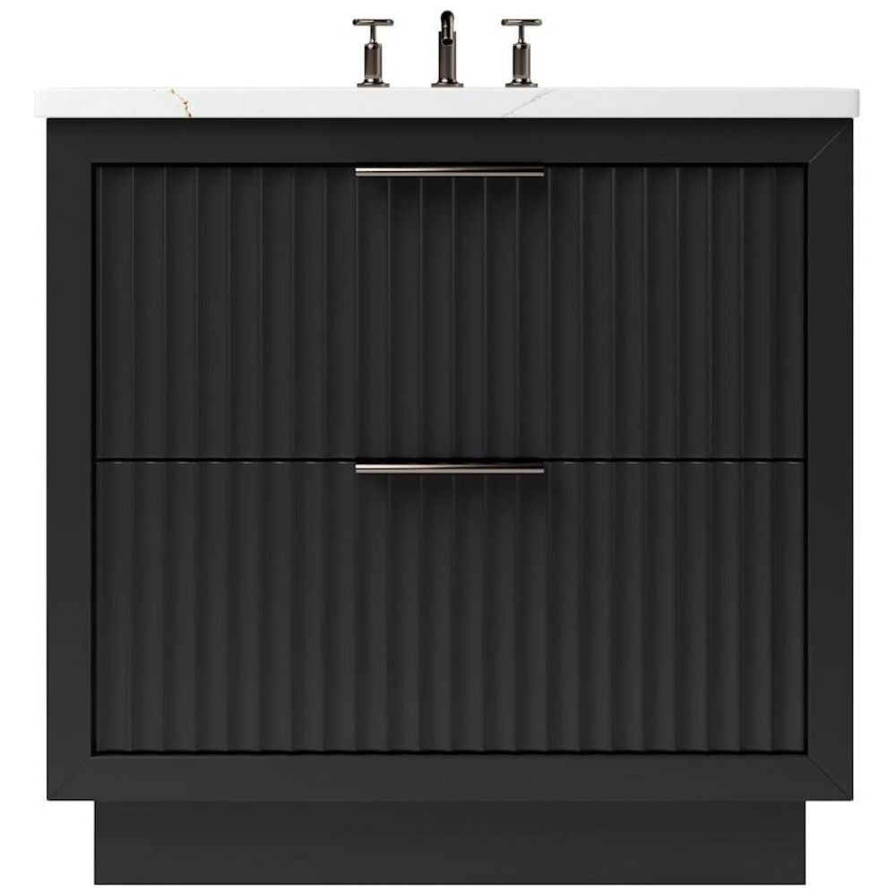 Black bathroom vanity with white countertop and silver fixtures on a white background