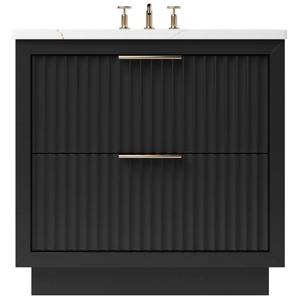 Black bathroom vanity with white countertop and gold fixtures on a white background
