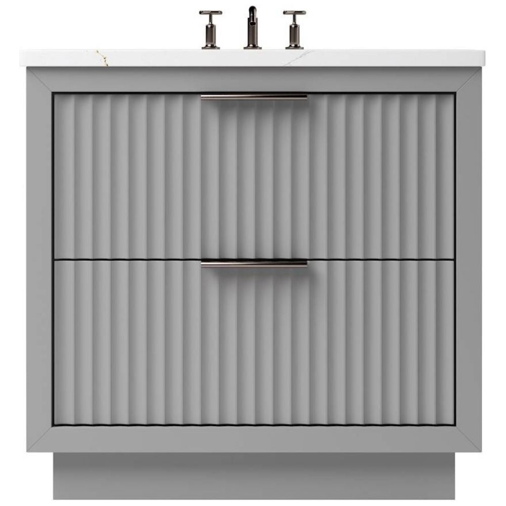 Beige bathroom vanity with two drawers and a white countertop.