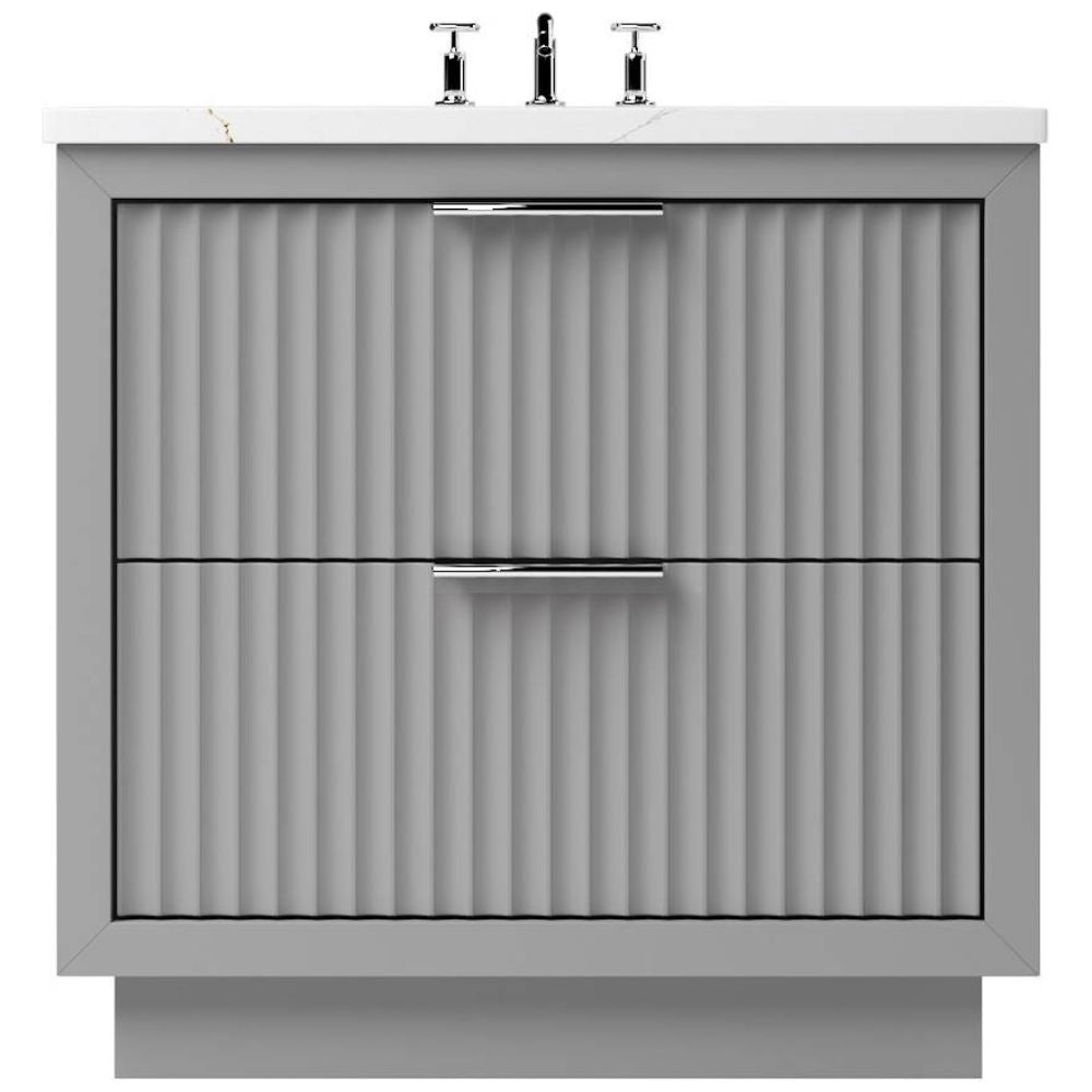 Gray bathroom vanity with two drawers and a white countertop.