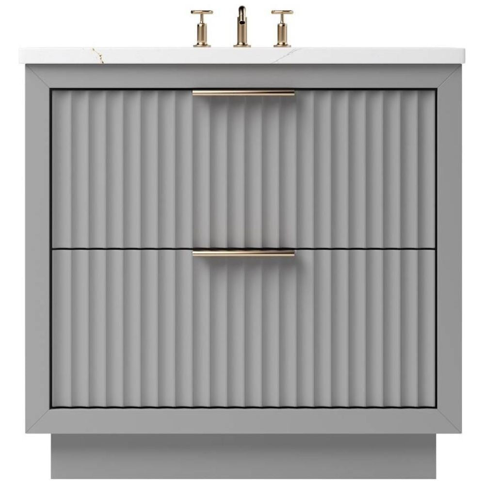 Gray bathroom vanity with gold fixtures on a white background