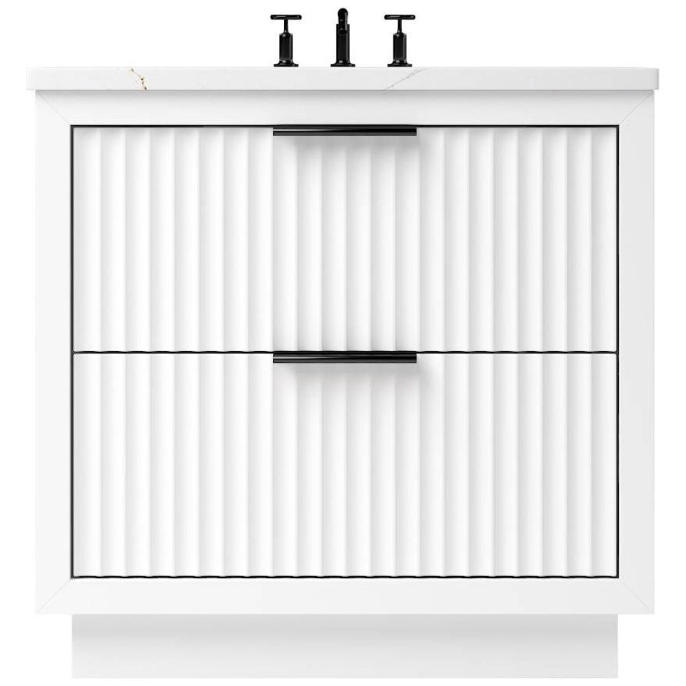 White bathroom vanity with two drawers and a faucet on a white background