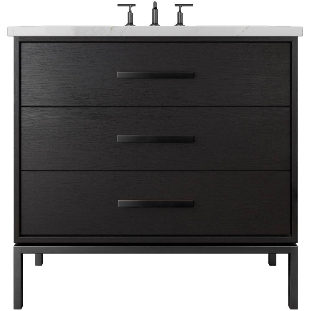 Black bathroom vanity with three drawers and a white countertop on a white background