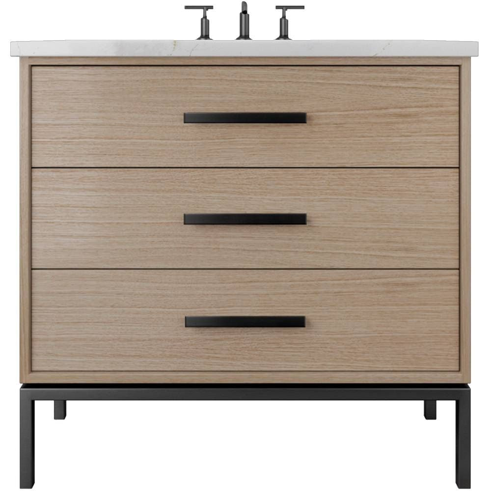 Wooden bathroom vanity with three drawers and a white countertop on a white background