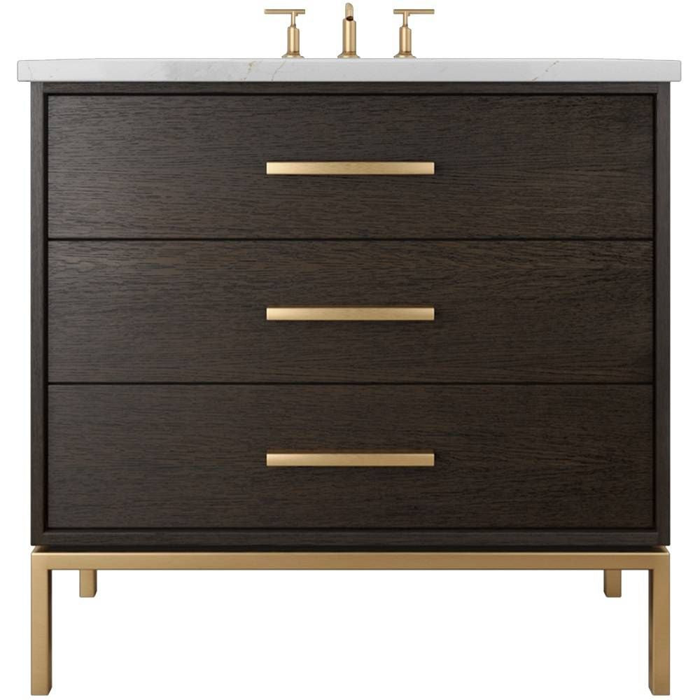 Bathroom vanity with dark wood finish, gold fixtures, and marble countertop.