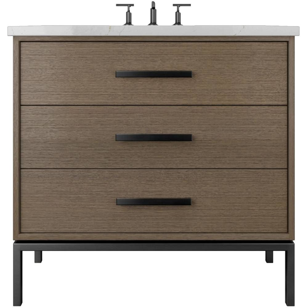 Wooden bathroom vanity with three drawers and a white countertop.