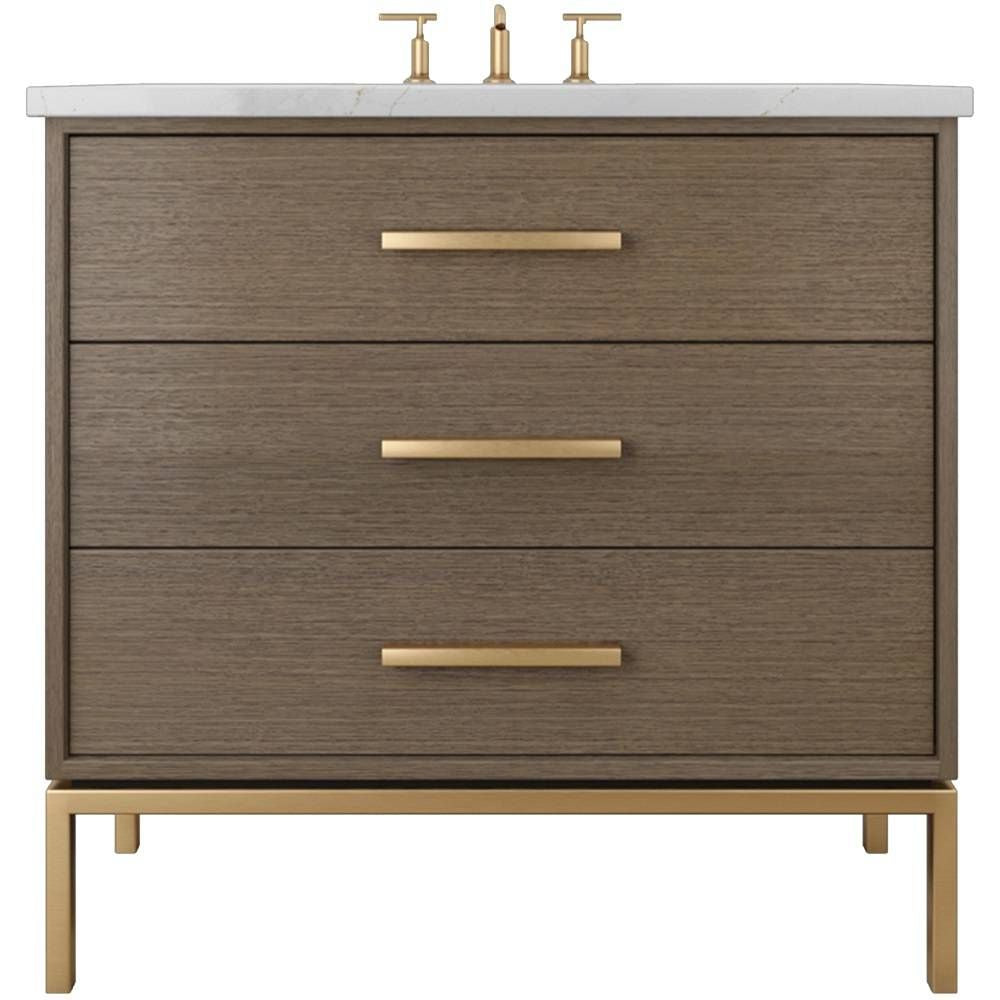 Bathroom vanity with wooden finish and gold fixtures on a white background