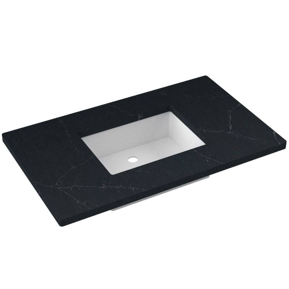 Black marble countertop with white undermount sink on a white background