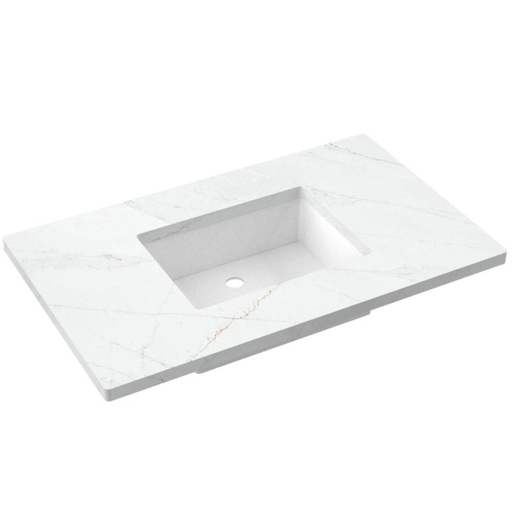 White marble countertop with a sink basin on a white background