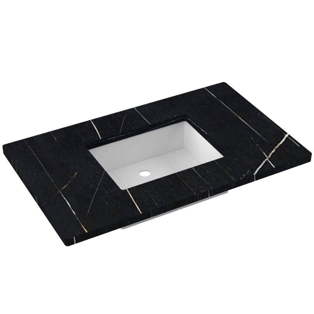 Black marble vanity top with a white basin on a white background