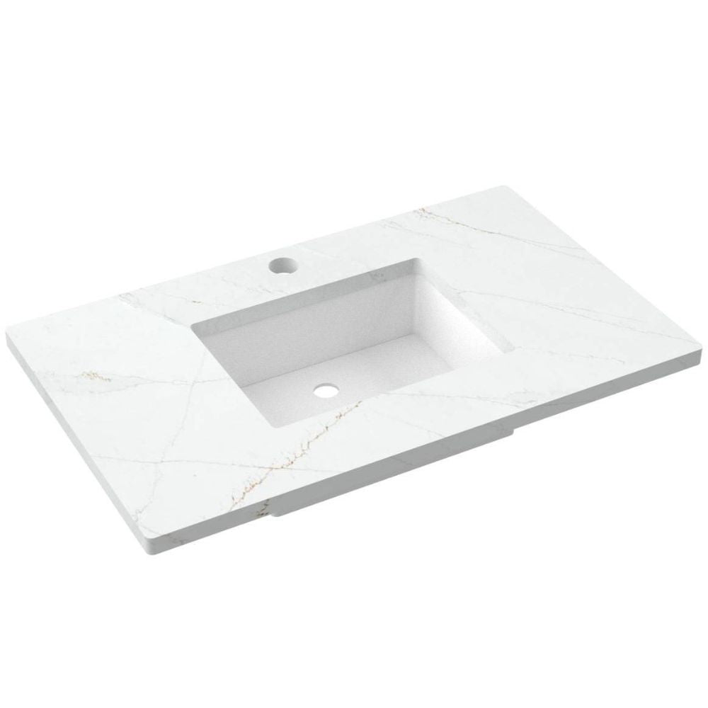 White rectangular sink with marble-like pattern on a white background