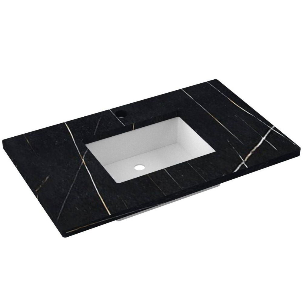 Black marble vanity top with a white basin on a white background