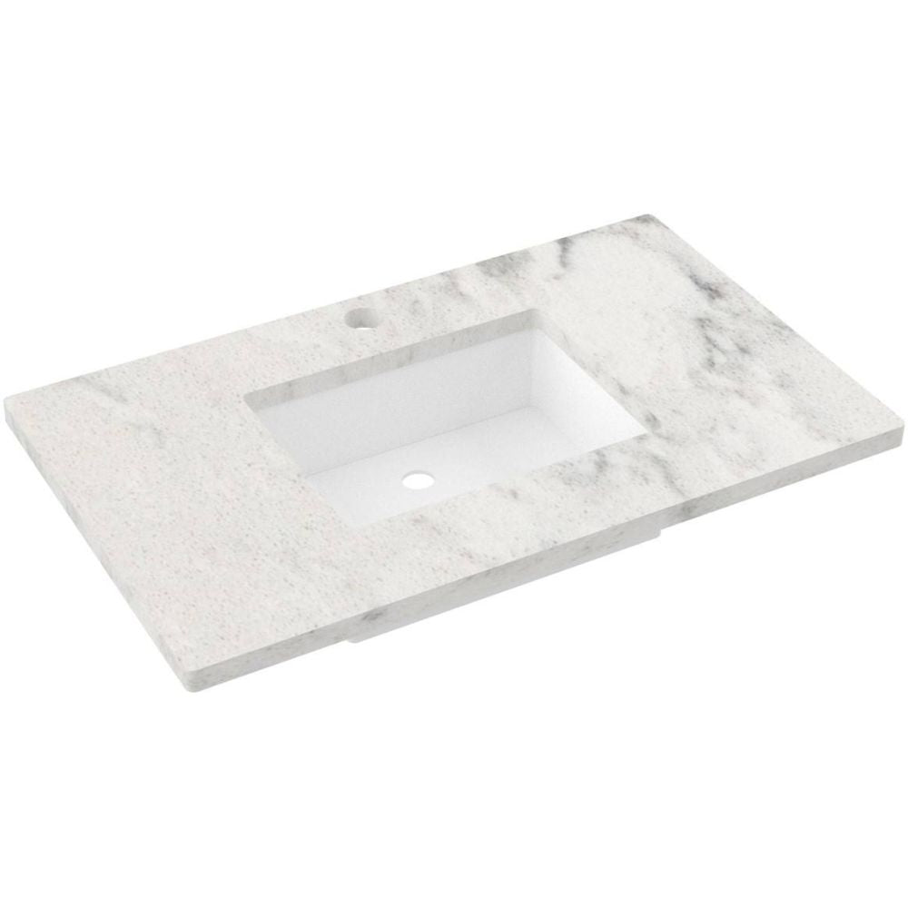 Marble-patterned vanity top on a white background