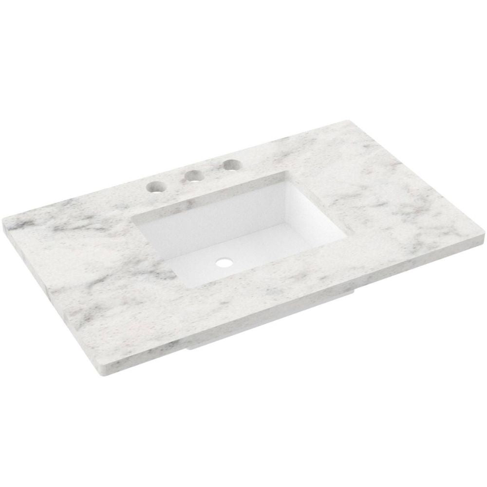 Marble-patterned vanity top with three holes on a white background