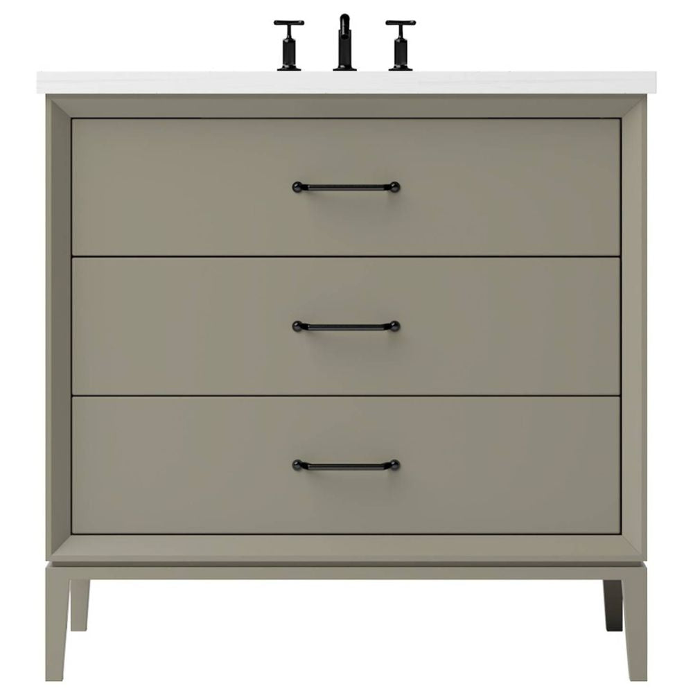 Gray bathroom vanity with three drawers and black handles on a white background