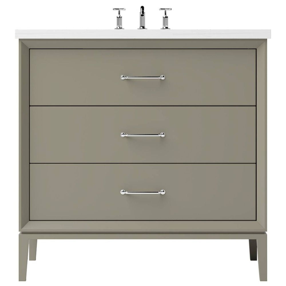 Gray bathroom vanity with three drawers and a white countertop on a white background