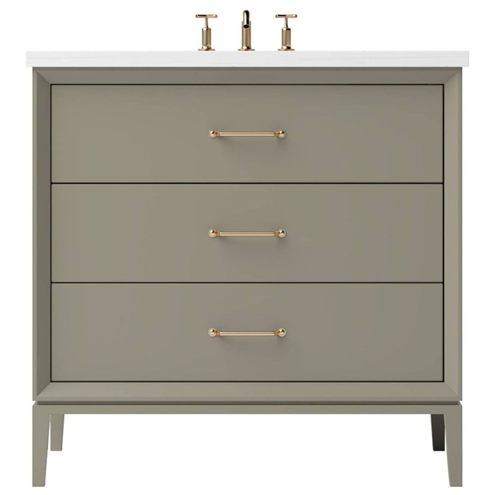 Gray vanity with three drawers and gold handles on a white background