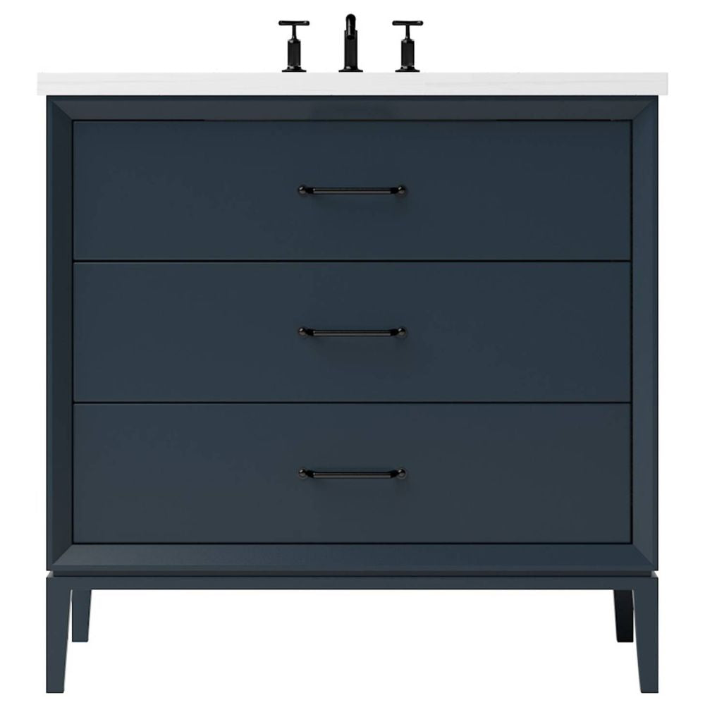 Blue vanity with three drawers and a white countertop on a white background