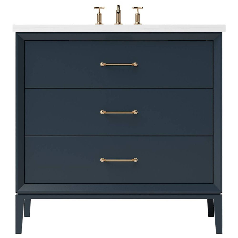 Blue vanity with three drawers and gold handles on a white background