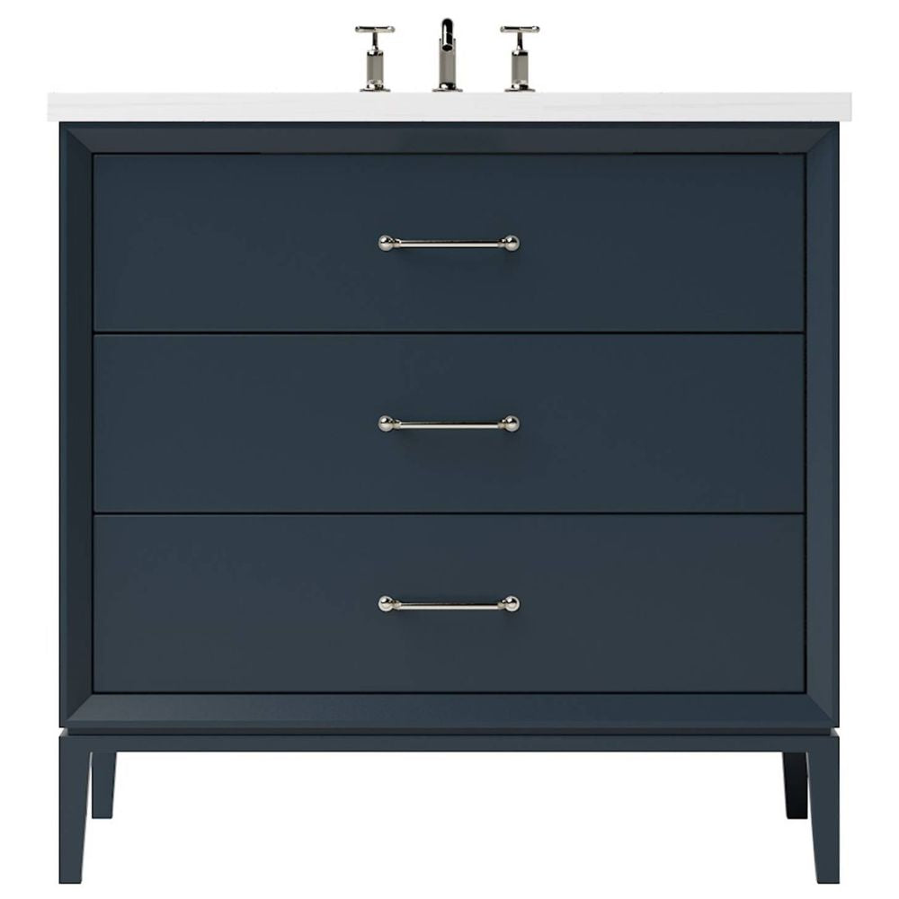 Blue vanity with three drawers and a white countertop on a white background